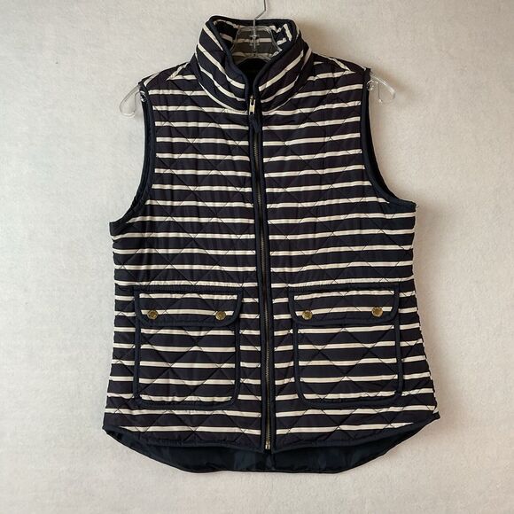 British Khaki Jackets & Blazers - British‎ Khaki Puffer Vest Womens Medium Navy Blue Ivory Stripes Full Front Zip